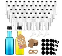 Kiswleon 50Pack Miniature Alcohol Bottles 50ml,Plastic Mini Shot Bottles with Screw Caps,Hangtag,Funnel,Label,Ropes-Reusable Empty Small Bottle for Wedding Favours for Guests
