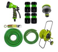 KIT 16 Garden Hose Reel Cart Set with 15m Premium Hose, 8-Pattern Spray Gun, Tap and Hose Connectors