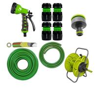 KIT 21 Garden Hose Reel Cart Set with 50m Premium Hose, 8-Pattern Spray Gun, Tap and Hose Connectors