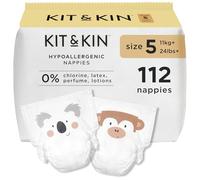 Kit & Kin Premium Baby Nappies Size 5 | 11+ kgs / 24+ lbs | Pack of 112 Nappies | Plant-Based Materials On Baby's Skin | Hypoallergenic | Superior up to 12 Hour Leak Protection