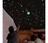 Kit of 270 Fluorescent Stars with 2 m2 Perforated Stencil, Exact Reproduction of The Sky, with Moon, MAPS with indications, Mini Poster of The Planets, Stars and Black Holes. Phosphorescent Stickers.