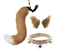 Kitahome Tail and Ears Set, Long Fox Tail Cosplay Faux Fur Furry Fox Wolf Tail Kit with Ears and Bells Collar for Kids, Girls, Boys, Teen, Women, Children, Party (25.6inch/65cm) (Brown & White)