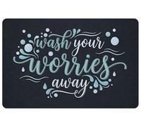 KITAIOPT Low Profile Indoor Doormat with Wash Your Worries Away Script, 3mm Ultra Thin Non-Slip Rubber Backing Mat for Bathroom and Spa Doorway, Modern Water Wave Typography Home Décor