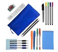 Kitastik Filled Pencil Case with University Essentials Stationery | Uni Stationery Essentials Kit | Student Stationery Set for Uni in Pencil Case for University (Blue Woven Pencil Case Set)