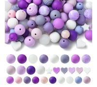 KitBeads 100Pcs Random 15mm Purple Silicone Beads 12mm Round Silicone Beads Star Heart Shaped Focal Beads for Keychains Pens Jewellery Making Bulk