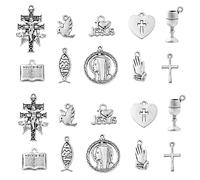 KitBeads 100pcs Tibetan Christian Charms Mixed Styles Jesus Crucifix Bible Cross Charms Antique Silver Religious Charms for Jewellery Making Bulk