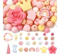 KitBeads 101Pcs Pink Round Silicone Beads Flower Crown Focal Beads Boho Rainbow Shaped Beads for Jewellery Making Bracelets Keychains Pens Crafts