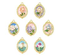 KitBeads 14Pcs 7 Styles Flower Painting Charms Oval Vintage ABS Pearl Flower Charms for Bracelets Making Necklaces Keychains Crafts Bulk