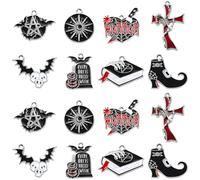 KitBeads 16Pcs 8 Styles Enamel Halloween Charms Gothic Skull Bat Charms Black Red Heart Cross Charms for Jewellery Making Bracelets Necklace Bulk