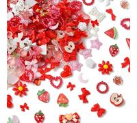 KitBeads 200Pcs Random Red Pink Nail Charms Heart Bowknot Star Strawberry Mixed Shapes Resin Cabochons for Nails Art DIY Crafts Decorations