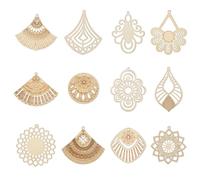 KitBeads 24pcs 12 Styles Flower Wooden Charms Hollow Undyed Flat Round Teardrop Charms Unfinished Antique Boho Charms for DIY Craft Bracelet Jewelry