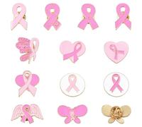 KitBeads 24Pcs 12 Styles Pink Ribbon Enamel Lapel Pins Heart Butterfly Hope Brooch for Breast Cancer Month Clothing Bag Accessories