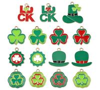 KitBeads 30Pcs 15 Styles Green Saint Patrick Charms Enamel 3 Leaf Clover Charms Irish Hat Shamrock Charms for Jewellery Making Bracelets Necklaces Bulk