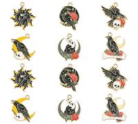 KitBeads 30Pcs 6 Styles Sun Moon Raven Charms Enamel Gothic Black Bird Charms Rose Crow Skull Charms for Jewellery Making Bracelets Necklaces Bulk
