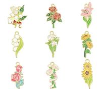KitBeads 45Pcs Lily Of Valley Charms 9 Styles Enamel Floral Sunflower Daisy Rose Flower Charms for Jewellery Making Bracelets Earrings Necklaces