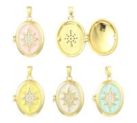 KitBeads 4Pcs 4 Colors Golden Brass Enamel Oval Locket Charms Zirconia Star Photo Frame Charm for DIY Personalized Picture Jewelry Making