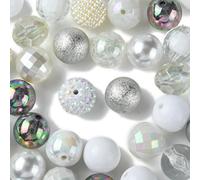 KitBeads 50pcs 20mm Random Silver Tone Bubblegum Beads Round White Chunky Beads Iridescent Disco Gum Ball Beads for Jewellery Making Bulk