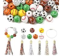 KitBeads 56Pcs 7 Styles Sport Wood Bead Kit Football Basketball Softball Beads with Leather Tassel for Jewelry Bracelets Necklaces Making Kits