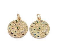KitBeads 5Pcs Zirconia Round Charms with Sun Moon Pattern Brass Star Flat Round Charms for DIY Bracelet Making