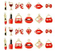 KitBeads 60pcs 12 Styles Enamel Lipstick Charms Red Bowknot Diamond Fashion Charms Light Gold Makeup Charms for Bracelets Jewellery Making Bulk