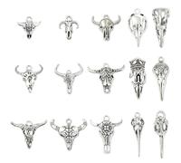 KitBeads 84Pcs 14 Style Tibetan Western Skull Charms Antique Silver Cattle Head Aniaml Charms for Earrings Necklaces Bracelets Jewelry Making
