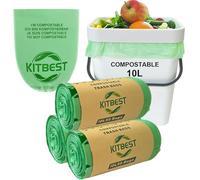KITBEST 10L Compostable Bin Liners 150 Food Waste Bags, Biodegradable Green Caddy Liner with EN13432 Certification, Home Compost Kitchen Trash Waste Garbage Bin Bags Small