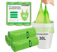 KITBEST 60 Bin Liners 30L, Biodegradable Food Waste Bags with Drawstring Tie Handle, Strong Green Trash Caddy Bag, Compostable Swing Garbage Bags for Bathroom Office Toilet Kitchen (60x75cm)