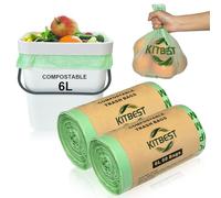 KITBEST 6L Compostable Food Waste Bin Liners with EN13432, 100 Caddy Bags | Corn Starch, Home Compost, Thick, Small, Leak Resistant, for 3/4/5/6 Litre Kitchen Countertop Bin, Biodegradable Trash, Green