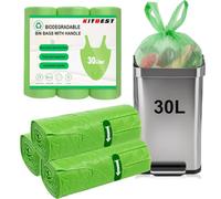 KITBEST Biodegradable Bin Liners 30L Tie Handle, Strong Compostable Food Waste Bags, Green Compost Trash Caddy Bag, Swing Garbage Bags for Bathroom Office Toilet Kitchen (60x75cm)