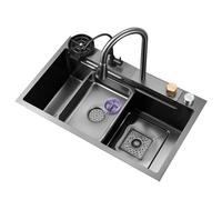 Kitchen 68/75/80cm Large Size Kitchen Sink Multifunctional Waterfall Outlet Sink With Full Set Of Accessories Household Stainless Steel Dish Washing Basin Built-in Sink Sinks (Color : Black steel, S