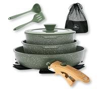 Kitchen Academy 10 Pcs Campervan Pots and Pans Set, Removable Handle, Green