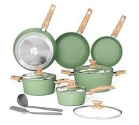 Kitchen Academy 12-Piece Green Cookware Set with Glass Lids Suitable for Induction Cookers, PFAS-Free Non-Stick Coating