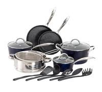 Kitchen Academy 15 Pieces Non-Stick Cookware Set, Nonstick Induction Granite-Coated Pot Pan Set, Includes Lids, Frying and Pans Accessories - Aluminium Hammered Blue