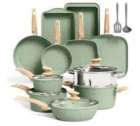Kitchen Academy 17 Pcs Pots and Pans Set Non Stick, Induction Kitchen Cookware Set, Green Healthy Nonstick Granite Coated Saucepans Frying Pans Set, PFOA & PFOS Free