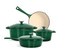 Kitchen Academy 7Pcs Enamel Cast Iron Cookware Set - Healthy Pots and Pans Set, Induction Hob Pans Set with Dutch Oven (Emerald)