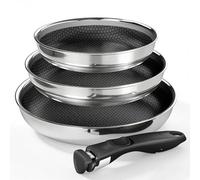 Kitchen Academy Detachable Handle Skillet Set, 3-Piece Non Stick Stainless Steel Frying Pans, Dishwasher & Oven Safe, Easy Storage Induction Cookware (20+24+30CM)