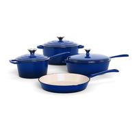 Kitchen Academy, Enameled Cast Iron Cookware Set, 7 Piece Set of Dutch Ovens, Sauce Pan, Skillet, 3 Lids, Dutch Oven Set, Pots and Pans Set Nonstick (Blue)