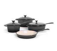 Kitchen Academy, Enameled Cast Iron Cookware Set, 7 Piece Set of Dutch Ovens, Sauce Pan, Skillet, 3 Lids, Dutch Oven Set, Pots and Pans Set Nonstick (Grey)