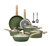 Kitchen Academy Granite Non-Stick Cookware Set 12-Piece, Induction Compatible Green Pan Set with Frying Pan & Saucepan, PFOA Free