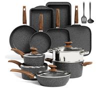 Kitchen Academy Induction Cookware Set-17 Piece Non-Stick Cooking Pan Set, Black Granite Pots and Pans Set