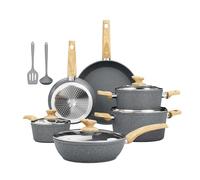 Kitchen Academy Induction Hob Pans and Pots Set Non Stick, Gray Granite Nonstick Cookware Set 12Pcs, PFOA & PFAS Free