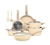 Kitchen Academy Induction Hob Pots and Pans Set Non Stick - 12Pcs Beige Granite Nonstick Cookware Set