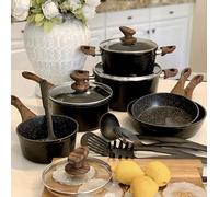 Kitchen Academy Induction Hob Pots and Pans Set Non Stick - 15Pcs Black Hammered Cooking Frying Pans Set, Non Toxic Saucepans Set with Lid, PFOA&PTFE-Free