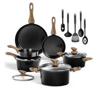 Kitchen Academy Induction Hob Pots and Pans Set Non Stick, Black | 15Pcs Hammered Cookware, Non Toxic Granite Cooking Frying Pans & Saucepans Sets with Lid, PFOA&PTFE-free