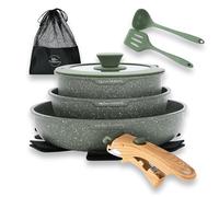 Kitchen Academy Non Stick Cookware Set, 10 PCS with Detachable Handle Green