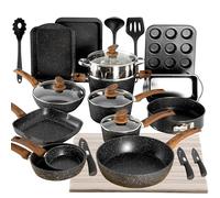 Kitchen Academy NonStick Bakeware and Cookware Set, 30 Pieces Black | Non-Stick Pots and Pans Set, Induction Pan Set, Granite Non-Stick Saucepan Set for Induction Hobs, Gas, Microwaves