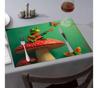 Kitchen and Dining A Frog Plays Guitar On A Mushroom Dining Place Mats Yellow Placemats Rustic Home Decor(1PCS)