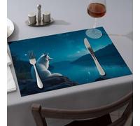 Kitchen and Dining A White Fox Gazes At A Starry Night Sky Over A Serene Lake Dining Place Mats Yellow Placemats Rustic Home Decor(4PCS)
