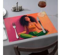 Kitchen And Dining A Woman In A Colorful Striped Top And Green Pants Sits Cross-Legged Dining Place Mats Tablecloth Easter Table Decorations(4PCS)