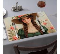 Kitchen And Dining A Woman In A Green Dress With Floral Hat Dining Place Mats Summer Table Runner Home Decor(1PCS)